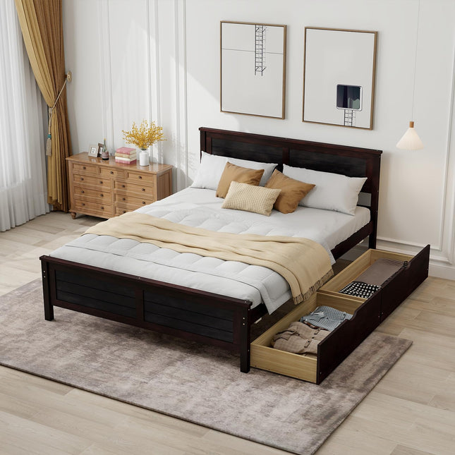 Dreamade Wood Full Size Bed Frame with 2 Storage Drawers, Solid Wood Platform Bed with Headboard