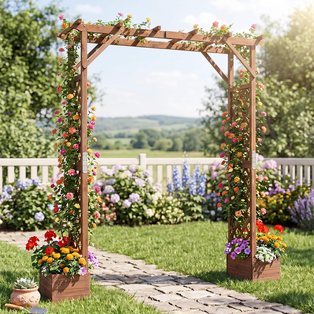Dreamade 87in Tall Wooden Garden Arbor with Planter Boxes & Hanging Roof