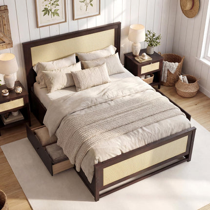 Dreamade Full/Twin Size Rattan Bed Frame with 2 Storage Drawers