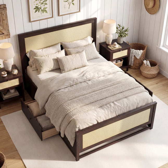 Dreamade Full/Twin Size Rattan Bed Frame with 2 Storage Drawers