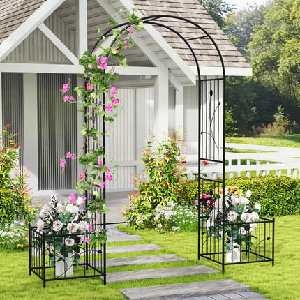 Dreamade Garden Arch Trellis with Planters, 86'' Metal Arbor Pergola for Climbing Plants Rose Clematis Vines