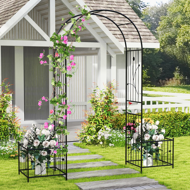 Dreamade Garden Arch Trellis with Planters, 86'' Metal Arbor Pergola for Climbing Plants Rose Clematis Vines