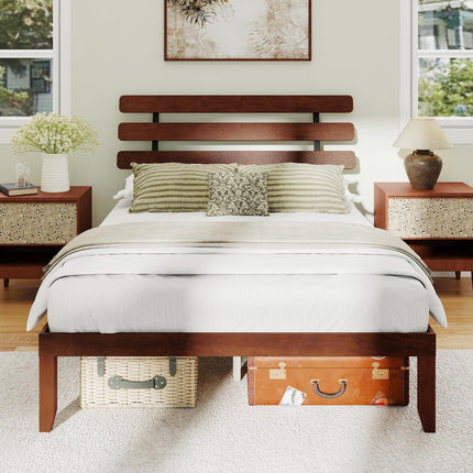Dreamade Queen/Full/Twin Size Platform Bed with Retro Headboard Mid Century Modern Bed Frame with Wood Slat Support