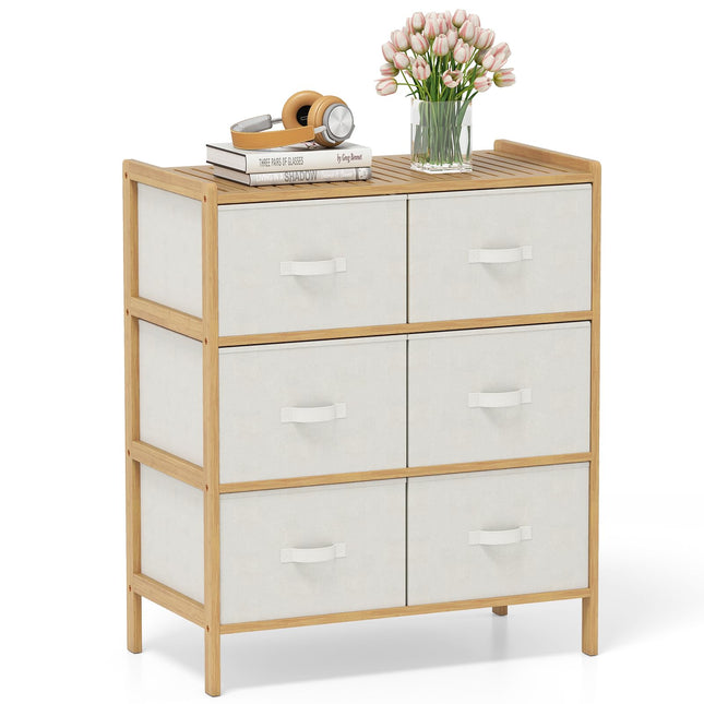 Dreamade White Dresser for Bedroom Bamboo 6 Fabric Drawers Storage Tower with Top Shelf