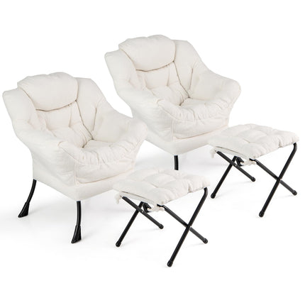 Dreamade Set of 1/2 Lazy Chair with Folding Ottoman, Modern Sherpa Accent Chair w/Armrests & Pocket