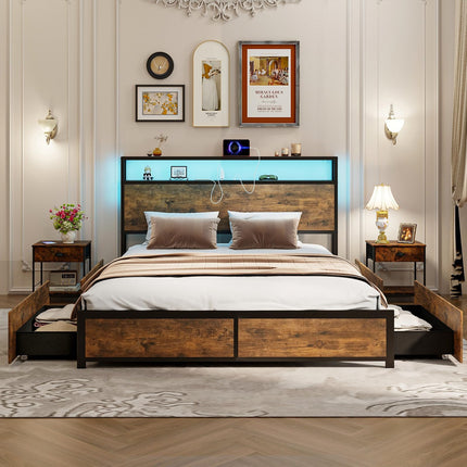 Dreamade Queen/Full Bed Frame with LED Lights Headboard and 4 Storage Drawers