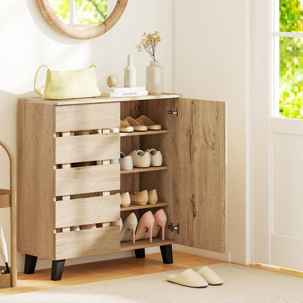 Dreamade 4-Tier Farmhouse Shoe Rack Cabinet with 2 Slatted Doors & Removable Shelves