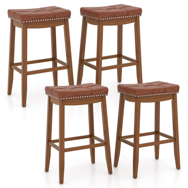 Dreamade Bar Stools Set, 29" Counter Height Bar Stools w/Saddle Seat, Footrest, Rivet, Button Tufted, Rubber Wood Frame