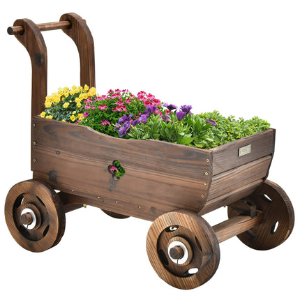 Dreamade Wooden Wagon Planter Raised Bed on Wheels, Handle, Drainage Hole