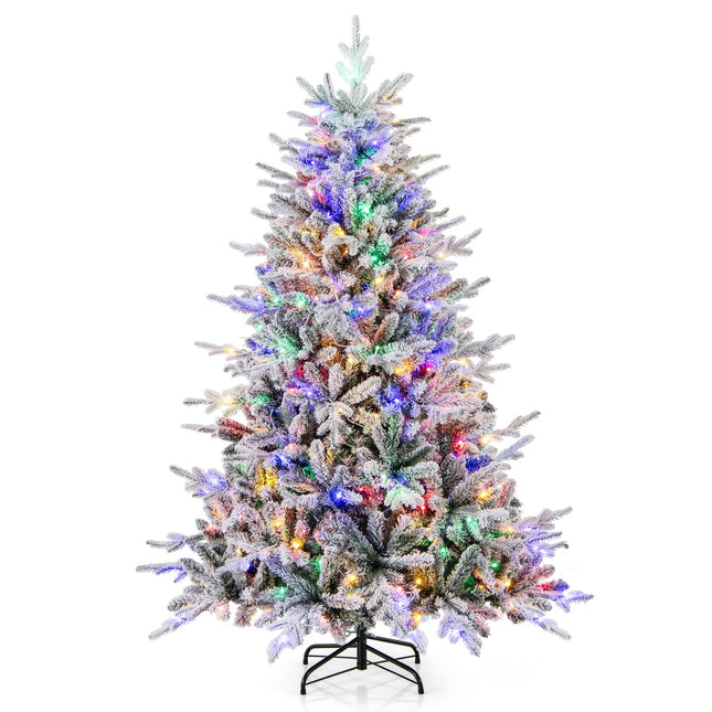 Dreamade 6ft Pre-Lit Snow Flocked Christmas Tree, Artificial Hinged Full Xmas Tree with 260 Multicolored LED Lights