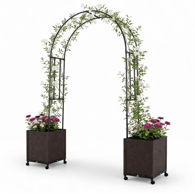 Dreamade Metal Garden Arch Trellis Arbor with 2 Self-Watering Planter Boxes