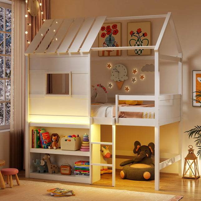 Dreamade Twin Size Loft Bed with LED Lights Roof Window and Storage Bookshelf