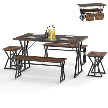 Dreamade 55" Kitchen Table with 2 Benches & 2 Stools with X-Shaped Metal Frame