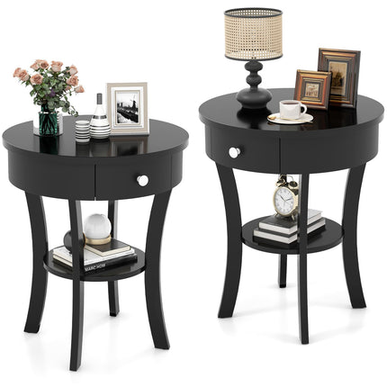 Dreamade Round End Table with Drawer, 2-Tier Wood Side Table w/Open Shelf