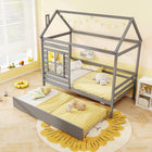 Dreamade Twin House Bed with Trundle Bed Twin, Wooden Twin Bed Frames with Roof, Chimney & Window