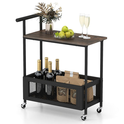 Dreamade Rolling End Table with Handle 2-Tier Sofa Side Table with Open Shelf & Mesh Basket