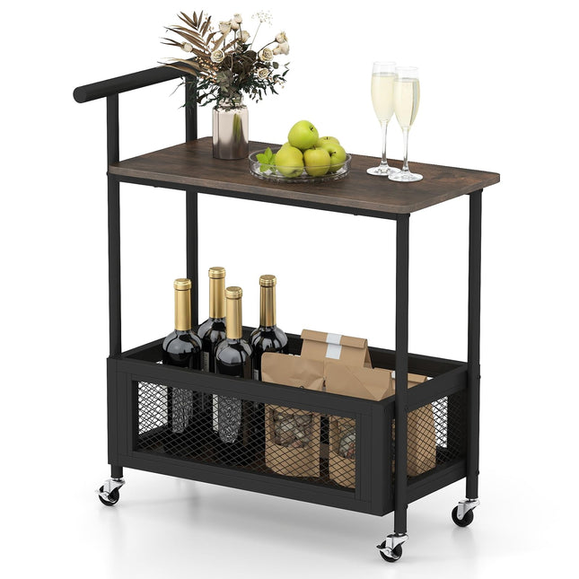 Dreamade Rolling End Table with Handle 2-Tier Sofa Side Table with Open Shelf & Mesh Basket