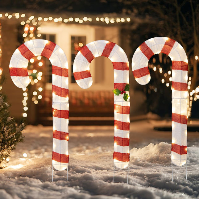 Dreamade Lighted Candy Canes, Set of 3 Christmas Tinsel Candy Cane Decoration with 75 Warm White LED Lights