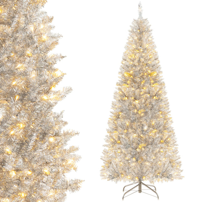 Dreamade 6ft Pre-lit Silver Pencil Christmas Tree, Artificial Tinsel Electroplated Tree, Decor for Home