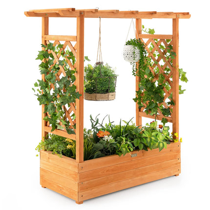 Dreamade Raised Garden Bed with Trellis, Wood Planter Box with Roof & Side Trellis, Drain Holes
