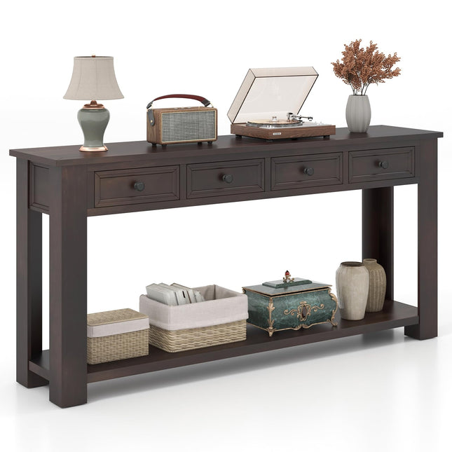 Dreamade 63" Farmhouse Entryway Table, Narrow Console Table w/ 4 Storage Drawers & Open Shelf