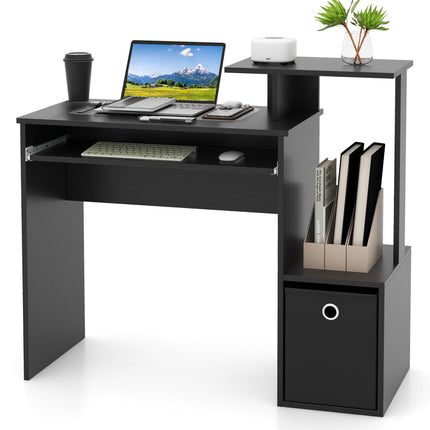 Dreamade Computer Desk with Keyboard Tray, Compact Home Office Desk with Fabric Drawer & Storage Shelf