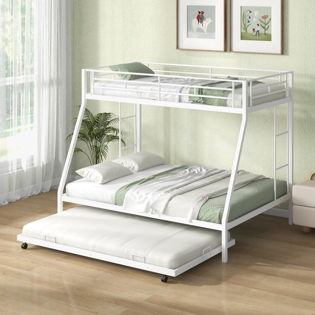 Dreamade Twin Over Full Bunk Bed with Trundle, Heavy-Duty Metal Triple Bunk Beds