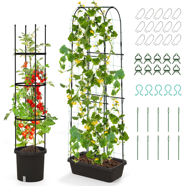Dreamade Set of 2 Raised Garden Bed w/Trellis & Plant Cage, Planter Box w/ 71” Cucumber Trellis
