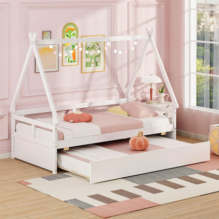 Dreamade Twin House Bed with Trundle, Wood Montessori Tent Bed Frame with Safety Guardrail