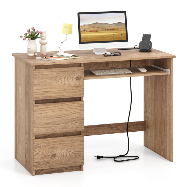 Dreamade Computer Desk with Power Outlet, Modern Office Desk with Keyboard Tray & 3 Large Drawers