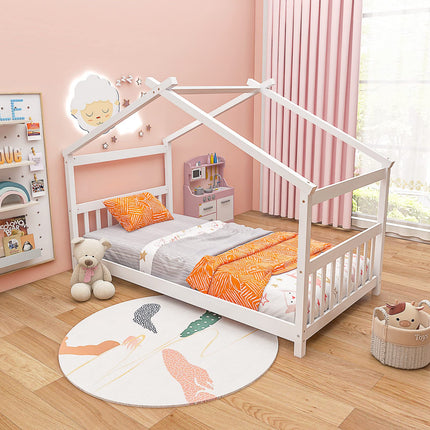 Dreamade House Bed Twin, Solid Wood Kids House Bed with Roof