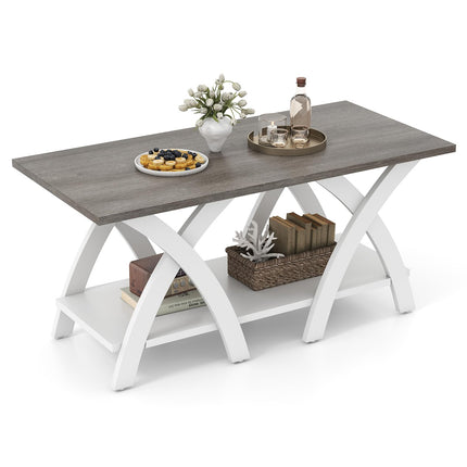 Dreamade Farmhouse Coffee Table 2-Tier Wood Center Table with Storage Shelf & X-Shaped Support Legs