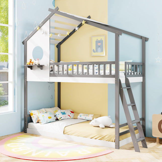 Dreamade Solid Wood Floor Bunk Bed with Ladder and Full-Length Guardrails