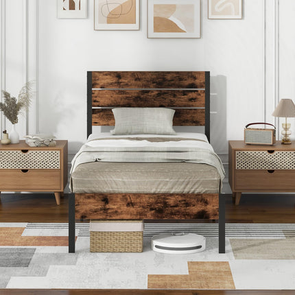 Dreamade King/Queen/Full/Twin Size Metal Platform Bed Frame, Industrial Bed Frames with Wood Headboard