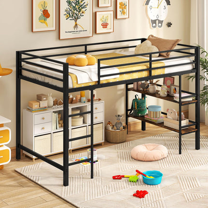 Dreamade Low Loft Bed Twin Size Heavy Duty Metal Frame w/Storage Shelves