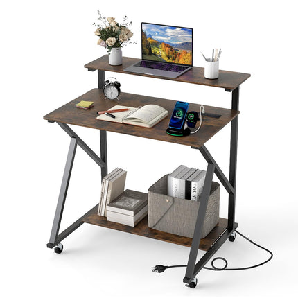 Dreamade Rolling Small Desk with Storage | Compact Computer Desk for Small Spaces with Charging Station