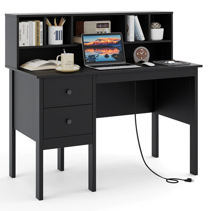 Dreamade White Desk with Drawers and Power Outlet, 48" Home Office Computer Desk with 5-Cubby Hutch