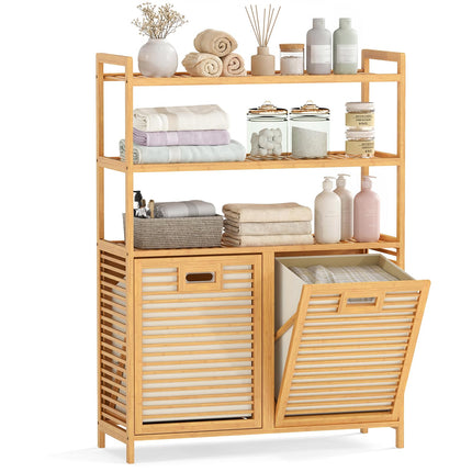 Dreamade Double Tilt Out 14 Gal Bamboo Laundry Hamper with 3-Tier Storage Shelf