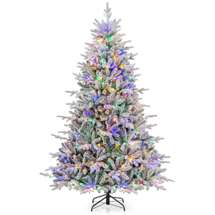Dreamade 7ft Pre-Lit Snow Flocked Christmas Tree, Artificial Hinged Full Xmas Tree with 350 Multicolored LED Lights