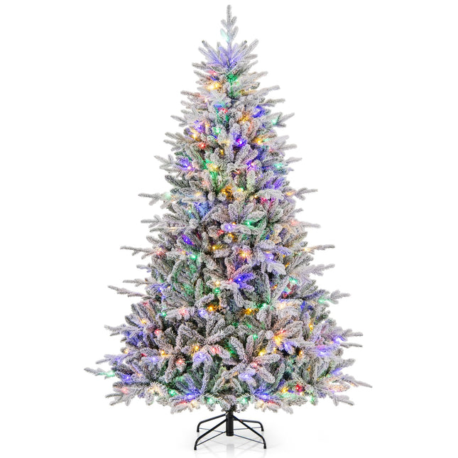 Dreamade 7ft Pre-Lit Snow Flocked Christmas Tree, Artificial Hinged Full Xmas Tree with 350 Multicolored LED Lights