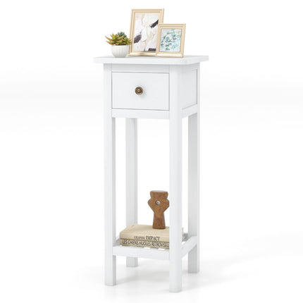 Dreamade Narrow End Table with Drawer, Tall Acacia Wood Side Table with Bottom Shelf, Modern Bedside Tables