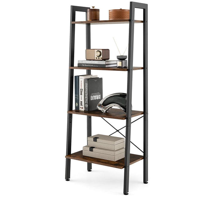 Dreamade Industrial 4-Tier Bookshelf, Ladder Bookshelf with Metal Frame, Anti-Tipping Kits