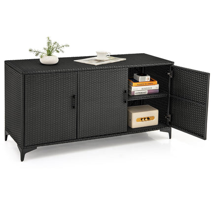 Dreamade 84-Gallon Wicker Deck Box - Patio Storage Cabinet, 3-Door PE Rattan Storage Container with Removable Shelves