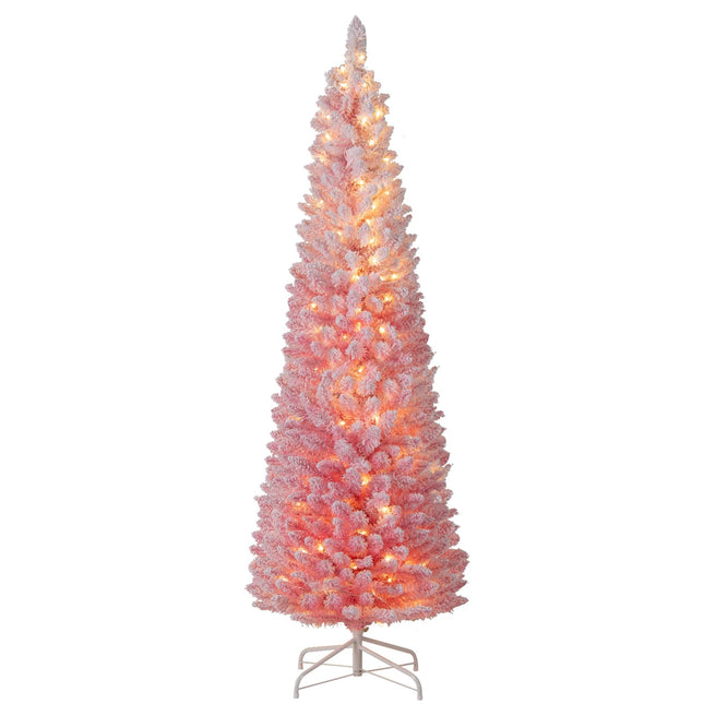 Dreamade 6ft / 7ft Pink Slim Pencil Christmas Tree | Pre-lit Snow Flocked Artificial Skinny Xmas Tree