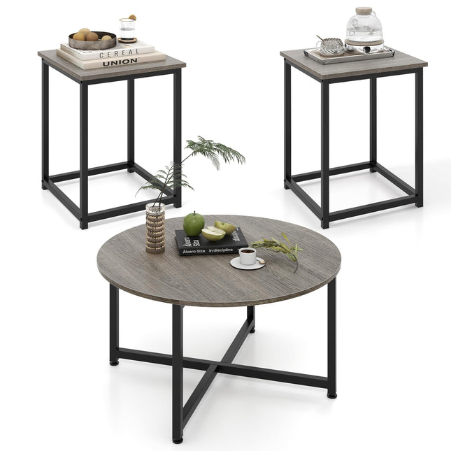 Dreamade Round Nesting Table Set of 3, Farmhouse Coffee Table w/2 End Tables, Sturdy Metal Frame (Black Oak)