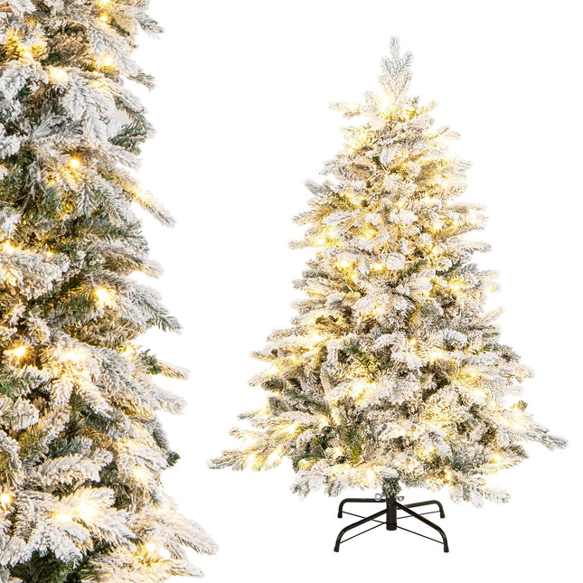 Dreamade Pre-Lit Snow Flocked Christmas Tree, Artificial Hinged Xmas Tree with Branch Tips, PE & PVC Mixed Leaves