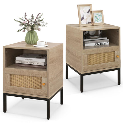 Dreamade Rattan Nightstand, Boho Night Stand with Open Storage Shelf & Rattan Decorative Door