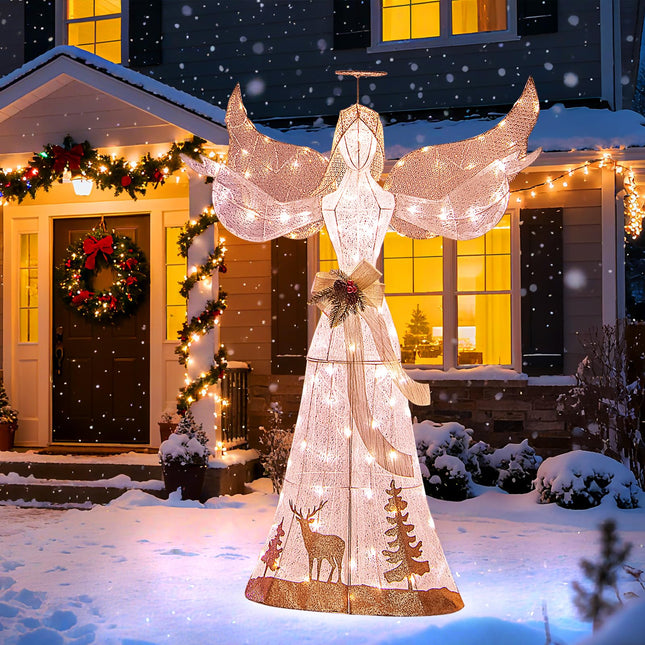Dreamade Pre-lit 3D Glittered Angel with 100 Warm White Lights Halo Bow Ground Stakes