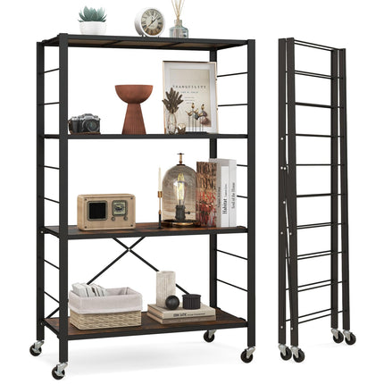 Dreamade 4-Tier Folding Storage Shelf, Collapsible Shelving Unit w/Lockable Wheels & Adjustable Shelf