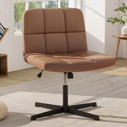 Dreamade Criss Cross Chair, PU Leather Cross Legged Office Chair No Wheels, Height-adjustable Swivel Vanity Chair with U-shaped Seat